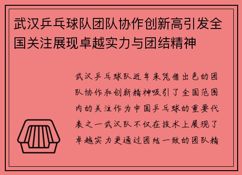 武汉乒乓球队团队协作创新高引发全国关注展现卓越实力与团结精神